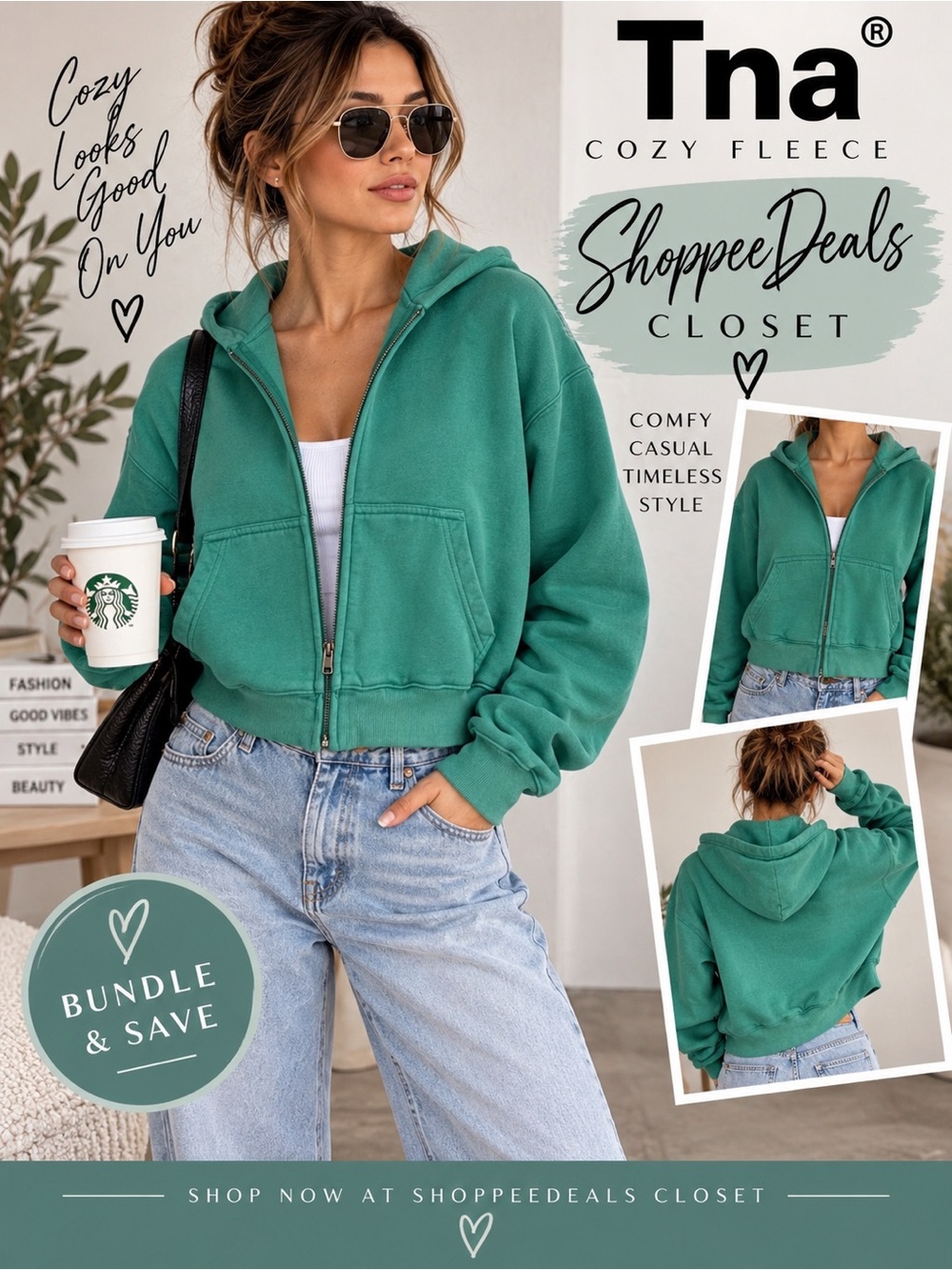 TNA Cozy Fleece Boyfriend Boxy Zip Hoodie Teal Green 2XS